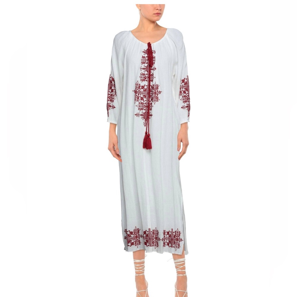 Italian High Quality natural material Elegant White and Red Embroidered Dress